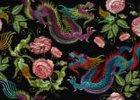Embroidery chinese dragons and flowers peonies seamless pattern. Classical embroidery asian dragons and beautiful peonies seamless pattern. Art dragons t-shirt design. Clothes, textile design template