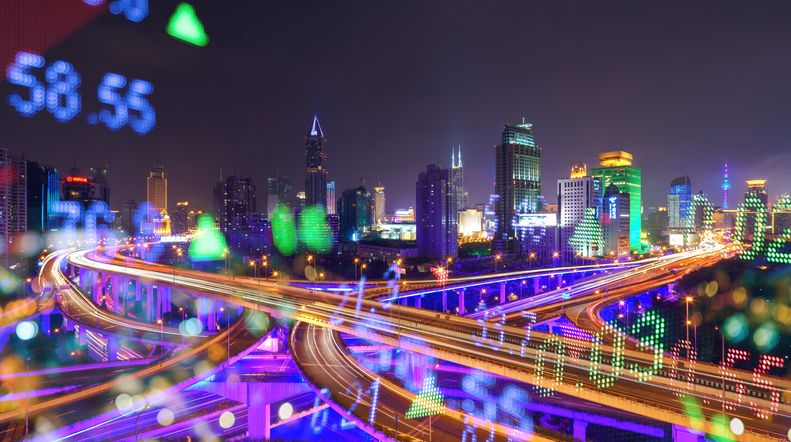 Display stock numbers and shanghai skyline background