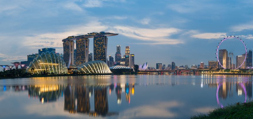 Panorama of marina bay sand, garden by the bay and singapore flyer