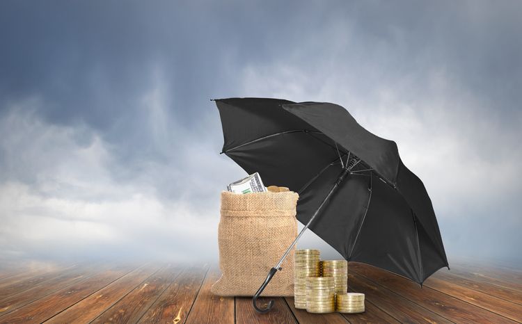 Umbrella protection bag with dollars and stack of coins on rainy weather background . Protection money and savings a business concept.