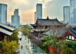 Aerial View of Traditional Chinese Temples in Chengdu’s Modern Financial Center (Downtown) – Chengdu, China