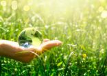 Earth crystal glass globe in human hand on fresh juicy grass background. Saving environment and clean green planet concept. Card for World Earth Day.