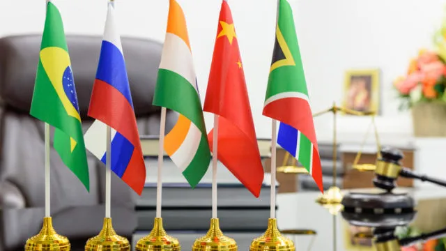 BRICS economy and policies concept : Flags of BRICS or group of five major emerging national economy i.e Brazil, Russia, India, China, South Africa. BRICS members are all leading developing countries.