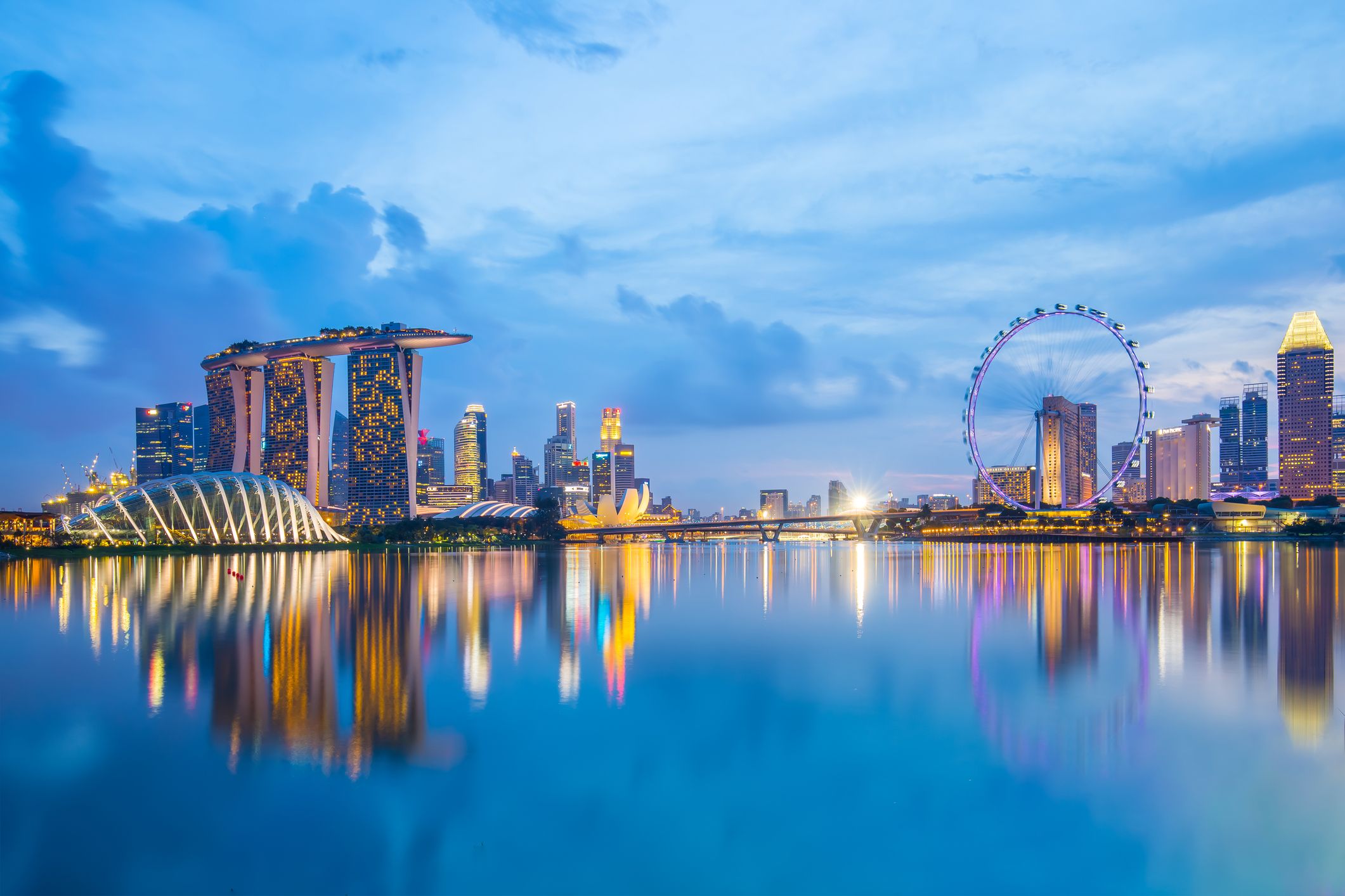 Singapore Skyline and view of Marina Bay at twilight