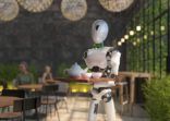 A humanoid robot waiter carries a tray of food and drinks in a restaurant. Artificial intelligence replaces maintenance staff. The concept of the future. 3D rendering