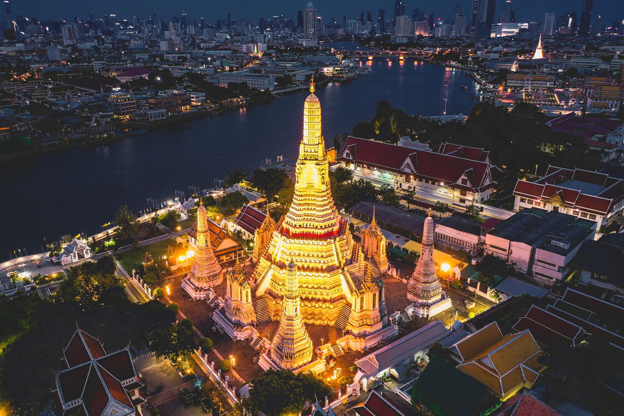 Aerial view of Wat Arun temple in Bangkok Thailand during lockdown covid quarantine