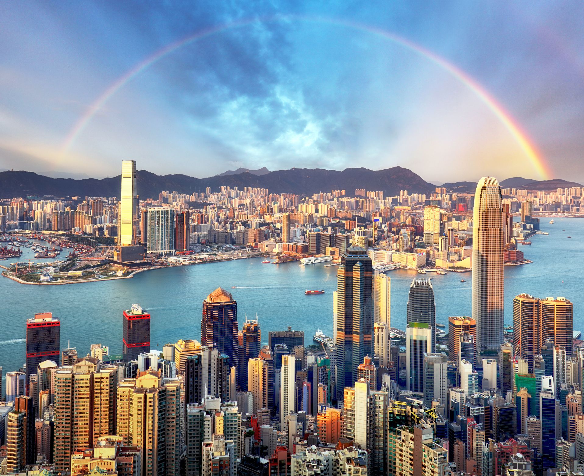 Rainbow over Hong Kong city skyline