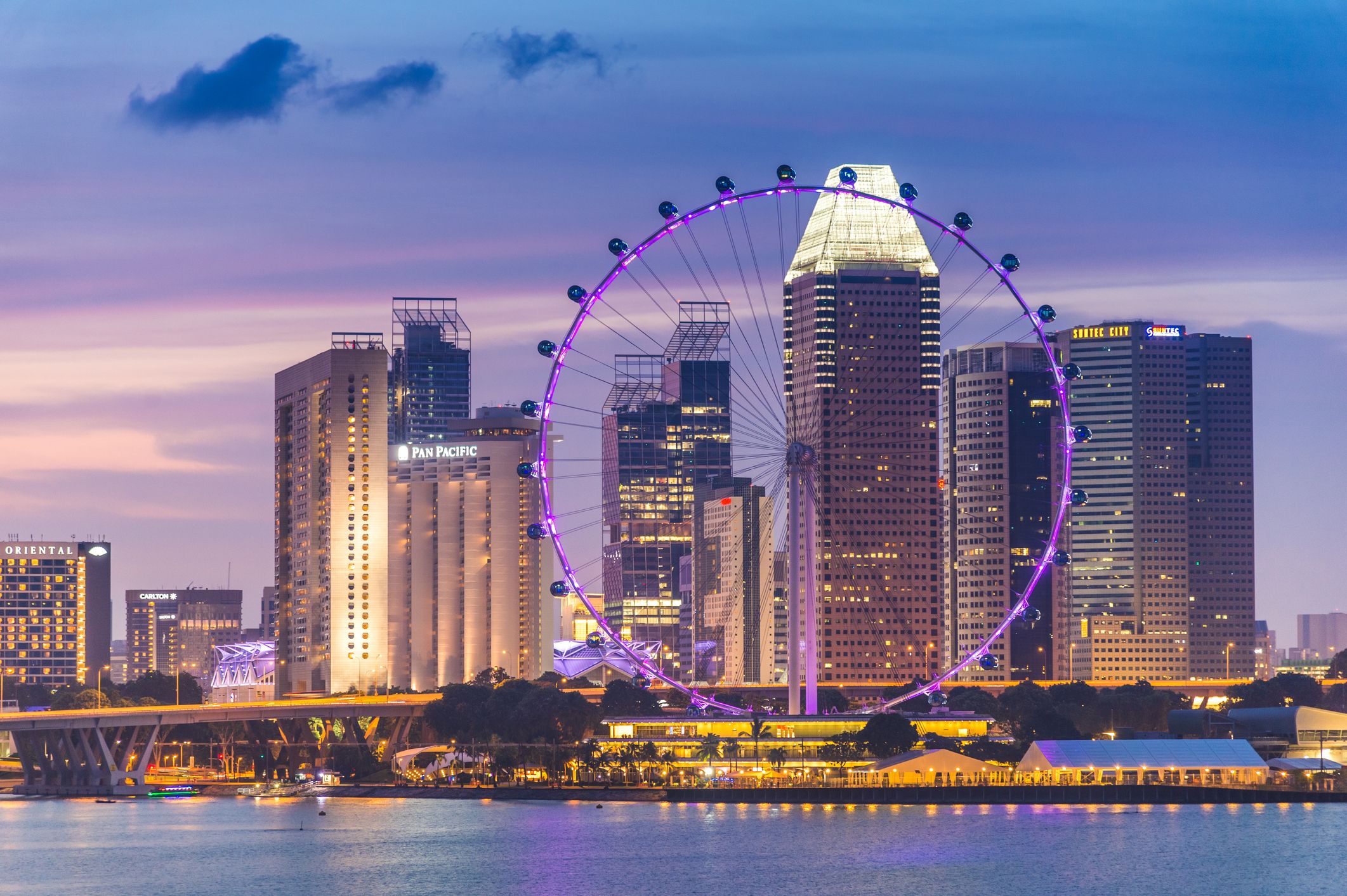 view Panoramic of the Singapore Skyline and Marina Bay, the marina is the centre of the economy in singapore, there are here all the building in singapore central