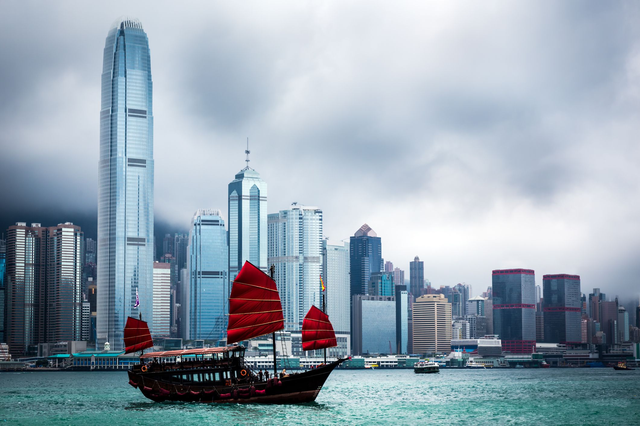 Traditional Chinese Junkboat Sailing Across Victoria Harbour, Hong Kong