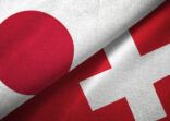 Switzerland and Japan two flags together realations textile cloth fabric texture