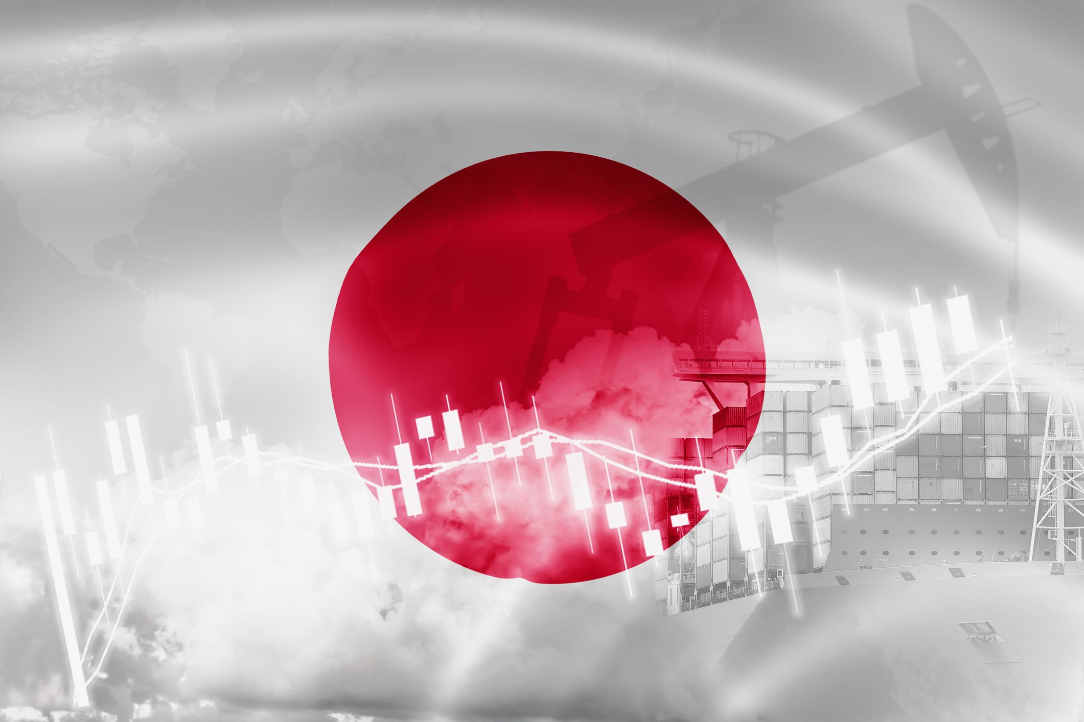 Japan flag, stock market, exchange economy and Trade, oil production, container ship in export and import business and logistics.