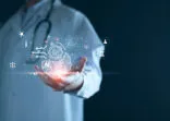 Medical technology, doctor use AI robots for diagnosis, care, and increasing accuracy patient treatment in future. Medical research and development innovation technology to improve patient health.