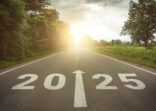 New year 2025 or straightforward concept. Text 2025 written on the road in the middle of asphalt road at sunset. Concept of planning , challenge, business strategy, opportunity ,hope, new life change.