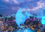 FOREX graph hologram, aerial night panoramic cityscape of Bangkok, the developed location for stock market researchers in Asia. The concept of fundamental analysis. Double exposure.