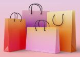 Set of glossy shopping bags in gradient colors on a sweet pastel background, 3d render illustration with clipping path