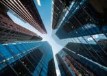 Business and Finance, Looking Up at Futuristic Skyscrapers in the Financial Center of a Modern Metropolis