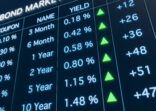 Close-up bond market trading screen  with rising yields. Coupons, rates, yields  and other informations are displayed.