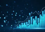 A blue digital bar graph with overlaid line graph, symbolizing growth on a dark blue bokeh background. Concept of analytics. 3D Rendering