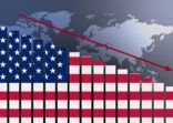 United States flag on bar chart concept with decreasing values, concept of economic crisis, politics conflicts, war concept with flag