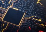 Electronics industry and Technology. Abstract circuit board background with a frame as symbol of computer chip